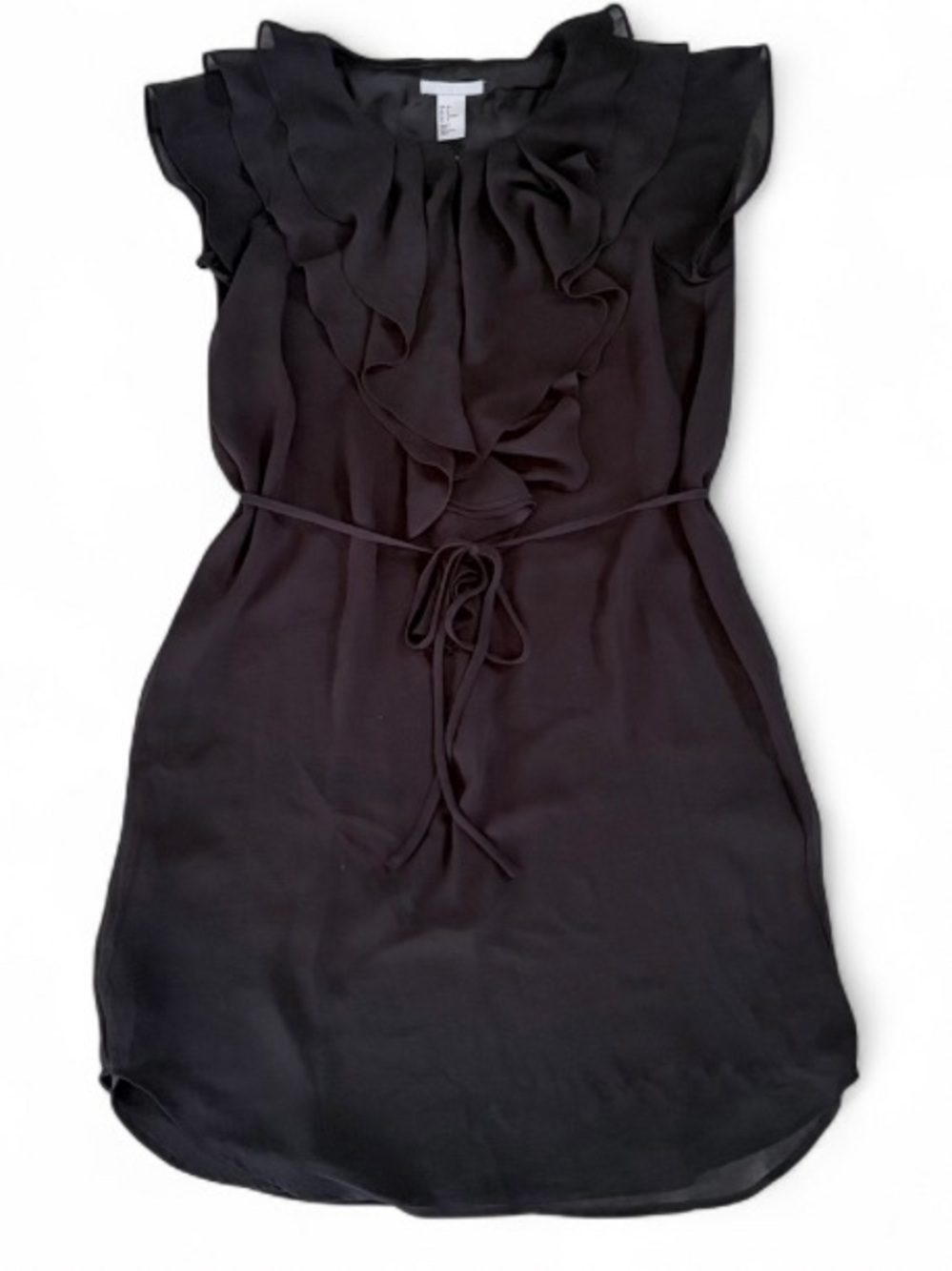 H&M Ruffle Neck Tie Waist Little Black Mini Dress Size 4